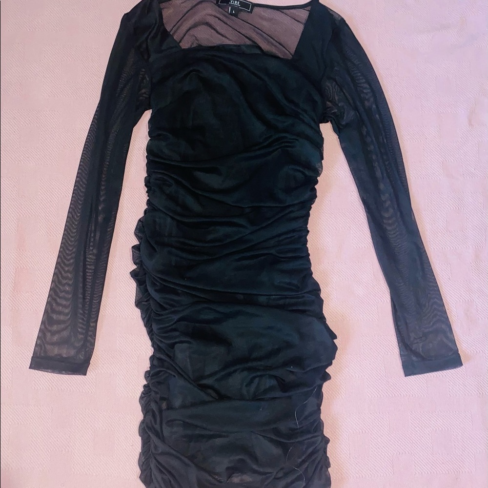 Black Mesh Ruched Midi Dress